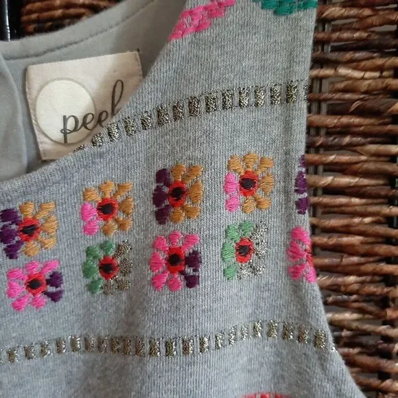 Peek Embroidered Tank Dress Girls XL Gray Kids Metallic Floral Party Sleeveless - Picture 3 of 8